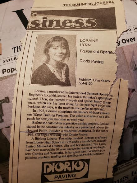 A 1990s newspaper profile of Loraine Lynn as an equipment operator for Diorio Paving